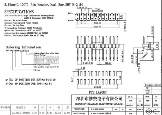 SMD 1000VAC PA6T Horizontaal Pin Header Gold Flash 36 Speld PA6T