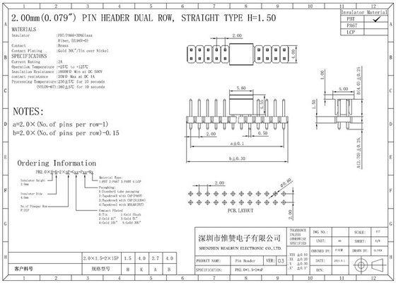 Dubbele Laag Pin Header Connector DC500V Horizontaal SMT PA6T